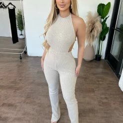 Emory Park Edith Halter Jumpsuit(Light Grey) Dresses/Rompers