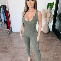 Junie Aurora Tank V-Neck Jumpsuit(Olive) Tops