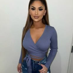 Audrey 3+1 Tops Amelia Wrap Sweatshirt(Blue Grey)