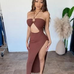 Hera Collection Dresses/Rompers Kennedy Halter Slit Dress(Cocoa)